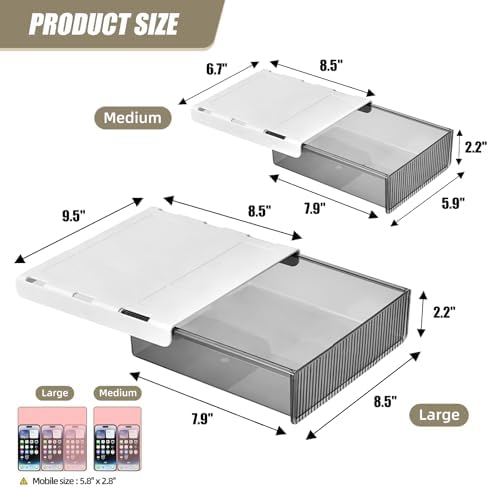 2Pcs Under Desk Storage Drawers Slide Out,Large&Medium, Stick On Desk Drawer Organizer Hidden Under Table Drawer for Home Office School Organization and Storage-Transparent Black - Image 5