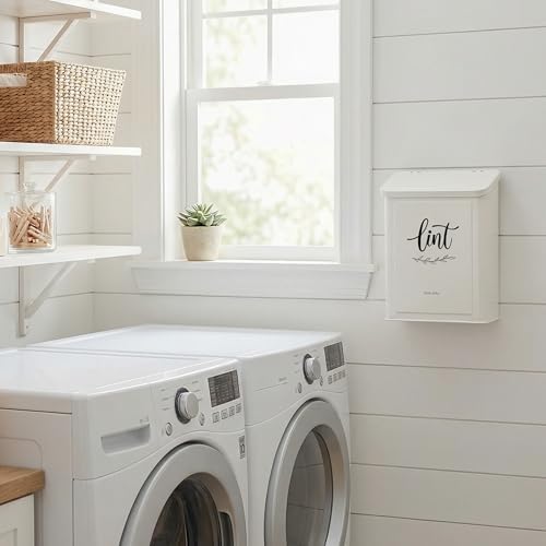 Perfnique Magnetic Lint Bin for Laundry Room with Lint Brush, Wall Mounted Lint Holder Trash can with lid for Dryer, Modern Farmhouse Rustic Metal Laundry Room Storage Organization and Decor(White) - Image 5
