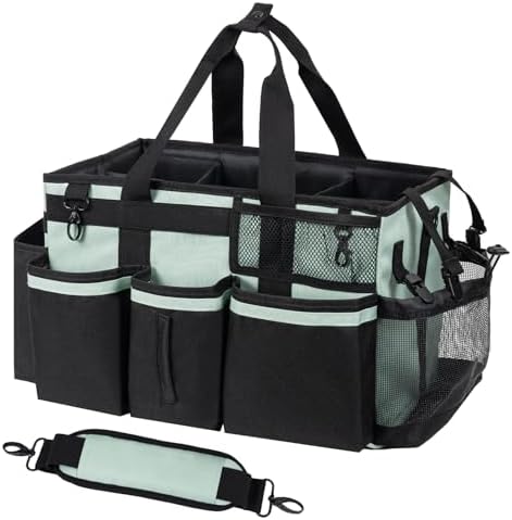 SCAVATA Wearable Cleaning Caddy, Cleaning Caddy Supplies Organizer with Handle & Shoulder Straps for Housekeepers, Under Sink & Car Cleaning Tool Organizers Bag with 4 Foldable Divider (Celadon) by Tidyyourlife