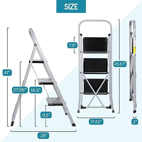ZENY 3 Step Ladder Folding Step Stool with Wide Anti-Slip Pedal, Convenient Handgrip, Portable Steel Step Stool, 300 lbs Sturdy Steel Ladder for Household and Office - Image 4