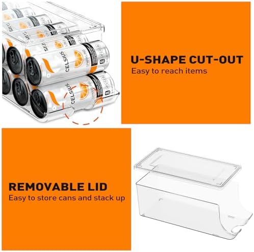 SCAVATA 4 Pack Skinny Can Organizer for Refrigerator, Stackable Tall Skinny Soda Pop Can Holder Dispenser with Lid for Fridge Pantry Rack Freezer, Clear Plastic Storage Bins-Holds 12 Slim Cans Each - Image 4