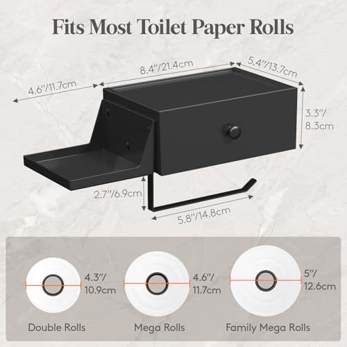 Lifewit Toilet Paper Holder Wall Mount with Shelf & Drawer, Black, 1 Pack - Image 5