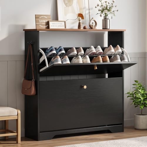 Nicetree Shoe Cabinet, 2 Flip Drawers Slim Black Walnut Top Entry Storage by Nicetree