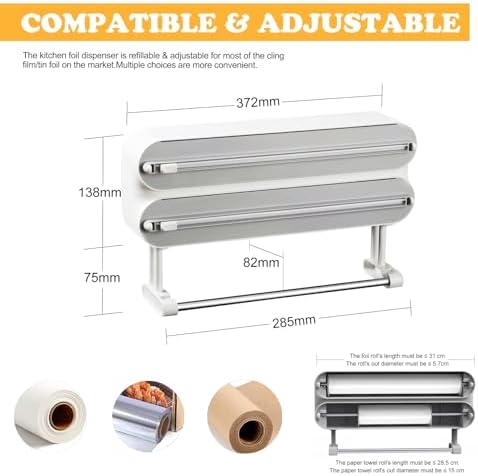 Magnetic Plastic Wrap Dispenser with Cutter - Refillable Aluminum Tin Foil and Plastic Wrap Organizer for Kitchen, Quasziwa Upgraded 3 in 1 Paper Towel Holder Wall Mount - Fits 12" Roll, White - Image 6