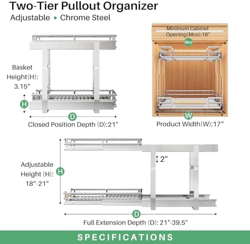 Pull out Cabinet Organizer, 2 Tiers 17"W X 21"D, Heavy Duty Smooth Sliding Under Cabinet Shelves for Pots and Pans, Full-Extension Roll out Drawers, Slide out Organization for Home Kitchen Pantry - Image 3
