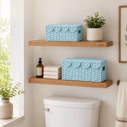 Set of 2 Scalloped Baskets, Paper Rope Wicker Baskets with Lids, Blue - Image 2