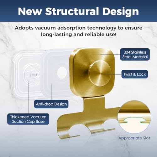 Square Suction Cup Razor Holder for Shower,Heavy-Duty 7KG Suction Hooks for Razor,Towel,Loofah,Removable Damage-Free Metal Shower Hook,Shaver Holder,2 Pack(Brushed Gold) - Image 3