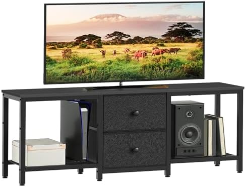 YATINEY TV Stand for TVs up to 55", Entertainment Center with 2 Fabric Drawer, Media Console with Shelves, Television Stands for Living Room, Bedroom, Black DS02BB by Yatiney