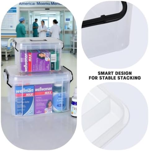 Set of 2 Medicine Organizer - Plastic Storage Box with Handle Clear - Image 5