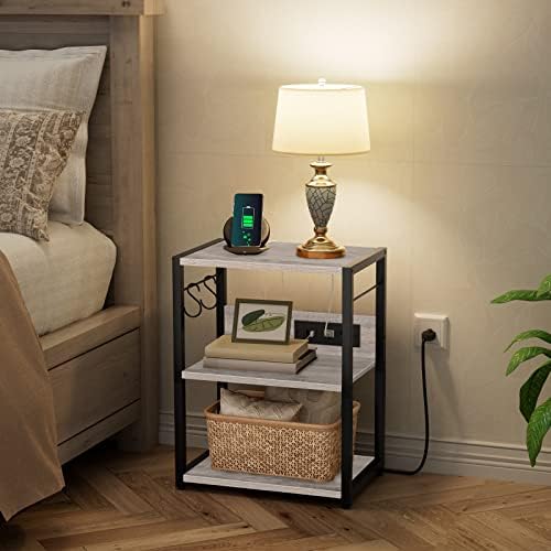 MAHANCRIS Industrial Printer Cart, 3-Tier Mobile Printer Stand, Rolling Cart with Power Outlets and USB Ports, Home Printer Stand with 2 Hooks, for Office, Living Room, Greige PTHG40E01 - Image 3