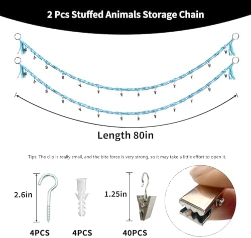 2 Pcs 80” Cotton Hanging Storage Chains for Stuffed Animal Storage, Each Boho Display Chain Comes with 20 Metal Clips, Nursery Hanging Storage Organizer for Wall or Corner Nursery playroom - Image 2