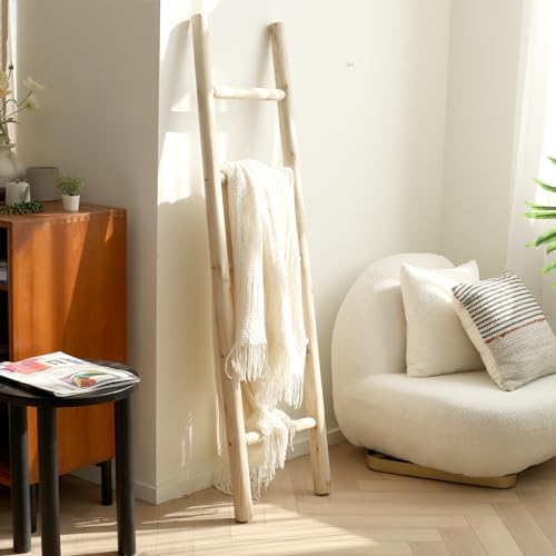 FUIN Blanket Ladder, 57in Rustic Wood Decor Rack, Fully Assembled, Natural - Image 7
