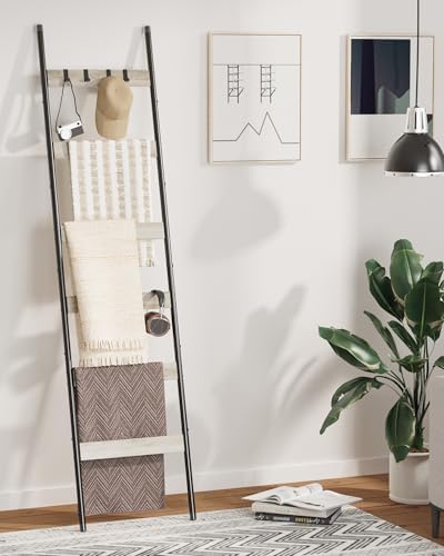 Blanket Ladder, 6-Tier Towel Holder with 4 Removable Hooks, Farmhouse Wall Leaning Decorative Rack Shelf, Wooden Towel Display Rack, Quilt Ladder for Living Room, Bedroom, Greige - Image 4