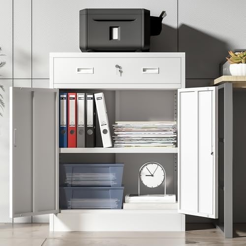 Wanfu Metal Storage Cabinet, Locking Cabinet with 1 Drawer and Adjustable Shelf, 36" H x 28" W x 16" D Steel Storage Cabinet for Office, Garage, Home-White - Image 2