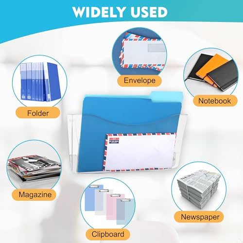 EASEPRES 4 Pack Clear Single Pocket Hanging File Organizer, Plastic Wall Mount Paper Mails Magazines Holder, Mounted Folder Bins for Office, School and Home, 13.85x3.14x6.88 inches - Image 4