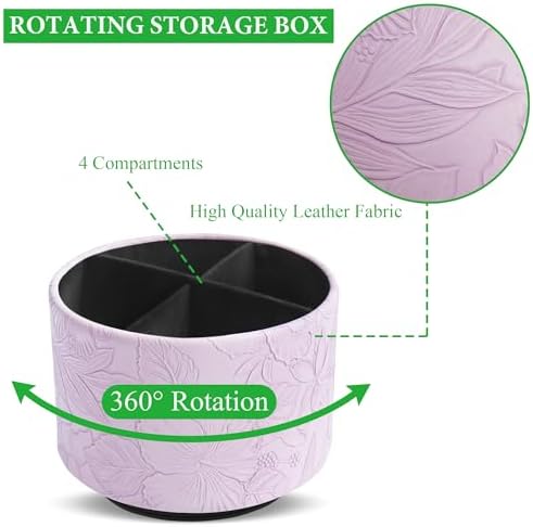 Round Leather Art Supply Organizer,Remote Control Holder,360 Degree Spinning,Multi-Functional Pencil Holder,4 Compartments Desktop Stationary Organizer(1-Carved Purple) - Image 3