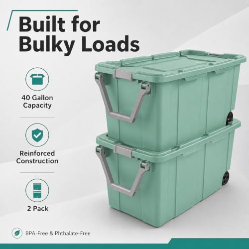 40 Gallon Plastic Storage Bin with Wheels Heavy Duty Rolling Tote,Green - Image 3