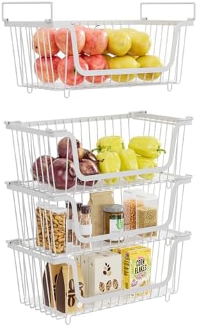 4 Pcs Stackable Wire Baskets for Pantry Organizers and Storage, White by XILIDIA