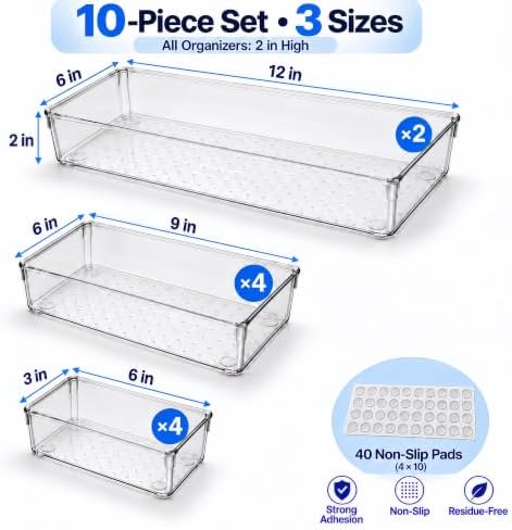 10 Pack Large Clear Drawer Organizer Trays, 3 Sizes, Non-Slip - Image 2