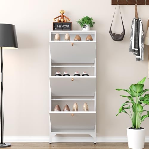 Shoe Cabinet with 3 Flip Drawers, Narrow Shoe Storage Cabinet, Farmhouse Shoe Organizer, Freestanding Organizer with Metal Legs for Entryway, Foyer (White, Narrow 3-Door) - Image 4
