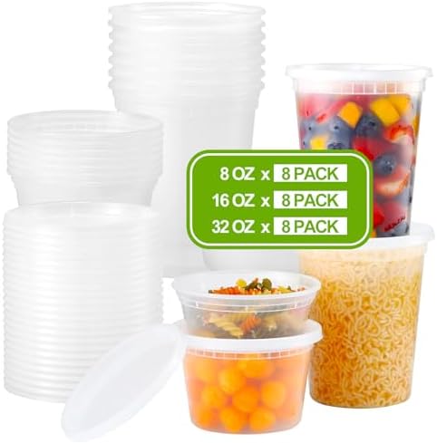 AOZITA 24 Sets Plastic Deli Food Containers With Lids, 8 oz 16oz 32oz Variety pack, Airtight Food Storage Containers, Freezer/Dishwasher/Microwave Safe, Soup Containers For Takeout Food Storage by AOZITA