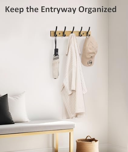 Optish Coat Rack Wall Mount, 16.5 Inches Wood Coat Hooks Wall Mount, Wall Coat Rack with 5 Hooks, Hat Rack Wall Hooks for Hanging Coat, Bag, Towel (2Pack, Natural) - Image 4