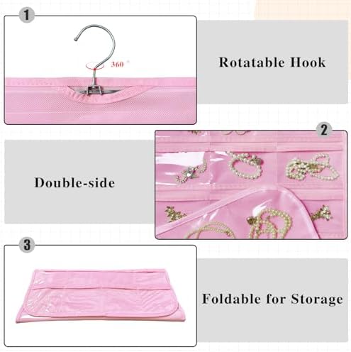 Hanging Jewelry Organizer 80-Pocket Double-Sided Storage, 2-Pack, Pink - Image 3
