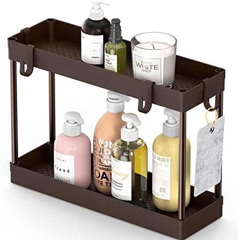 Simple Houseware 2-Tier Under Sink Organizer Storage Tray with Hooks, Brown - Image 2