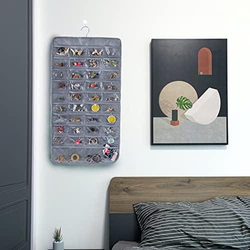 Bloss Hanging Jewelry Organizer With 80 Pockets Jewel Hanger For Jewelry Earring Storage Hanging Pocket Organizers Earring Holder Organizer for Mothers Day Gifts-Gray - Image 3