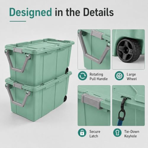 40 Gallon Plastic Storage Bin with Wheels Heavy Duty Rolling Tote,Green - Image 5