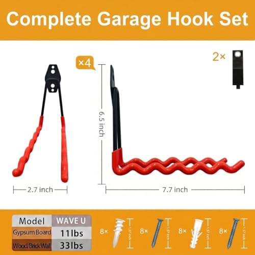 Garage Hooks, 4 Pack Wave Hooks for Hanging Heavy Duty Ladders, Bikes, Tools Ideal for Garage, Garden, Basement Utility Room Storage (Orange) - Image 2