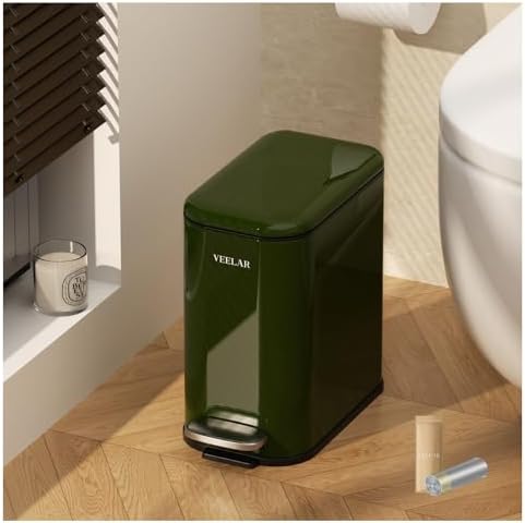 Slim Bathroom Trash Can with Lid, 1.6 Gallon / 6 Liter Stainless Steel Trash Bin, Step Pedal Garbage Cans for Bedroom, Kitchen, Office (Green) by VEELAR