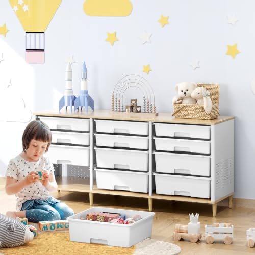 TOOLF 12 Drawers Storage Cabinet with Wooden Top and Plastic Bins, White - Image 7