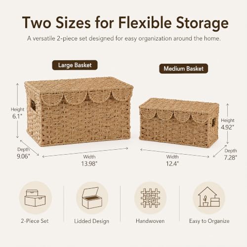 Set of 2 Scalloped Wicker Basket with Lid, Paper Rope Baskets for Shelves - Image 4