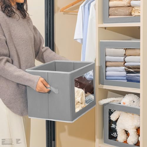 Homsorout Storage Bins, Storage Baskets for Shelves with Window, Fabric Storage Bins with Handle, Foldable Storage Cubes Boxes for Organizing for Clothes, Towels, Books, 3 Pack, Grey - Image 5