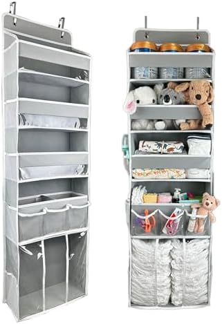 Door Hanging Storage Organizer,with 3 Bins 1 Movable Baby Diaper Caddy,1 Large capacity diaper stacking storage Organizer,10 Side Pockets ,Bedroom Door Storage for Nursery Baby Essentials.Grey 1 Pack. by EZVERY