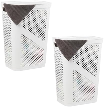 Mind Reader 60L Slim Laundry Hamper, Clothes Basket, Lid, Ventilated, Plastic, Set of 2, White by MindReader