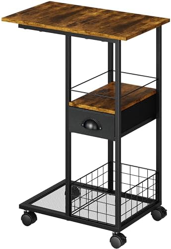 C Shaped Sofa Side Table with Wheels, Rolling Small Coffee Table with Drawer, Portable TV Tray Table for Couch, Bedside Table with Storage, Narrow Nightstand for Bedroom, End Tables Living Room by Sonyabecca