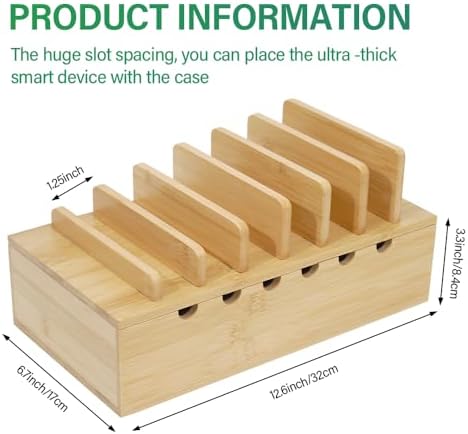 Bamboo Charging Station for Multiple Devices, Desk Docking Stations Organizer Compatible with iPhone Devices, Wood Charging Cell Phone Holder Stand (Includes 6 Cables) (NO Power Supply) - Image 3