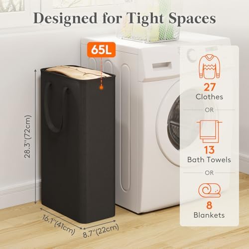 Lifewit Slim Collapsible Laundry Basket with Handles, 65L, Black - Image 2