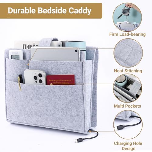 Seefoo Bed Caddy Organizer, Bunk Bed Shelf Caddy with 4 Pockets Grey - Image 6