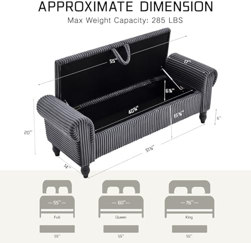 55" Corduroy Storage Ottoman Bench, Queen Bed, Grey - Image 2