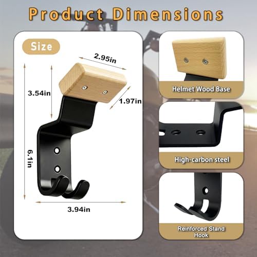 Motorcycle Helmet Holder Wall Mount - Heavy Duty Helmet Hanger Rack with 2 Key Hooks, Solid Wood & Strong Steel Design for Bike, Football, Skiing Sports Gear, Jackets & Hats (Yellow*2) - Image 3