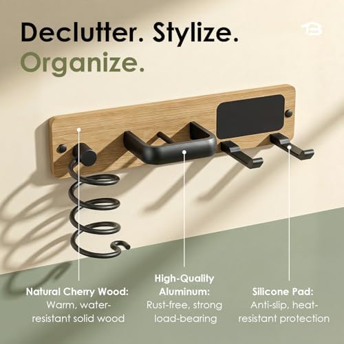 Tindbea Upgraded Cherry Wood Hair Dryer Holder Wall Mounted,3-in-1 Hair Tool Organizer for Blow Dryer, Curling iron, and Straightener, Blow Dryer Holder for Bathroom, Vanity, Matte Black - Image 3