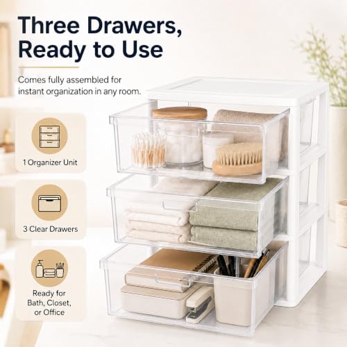 3 Drawer Storage Organizer, 3-Tier Wide Clear Plastic Drawer Storage(White) - Image 5