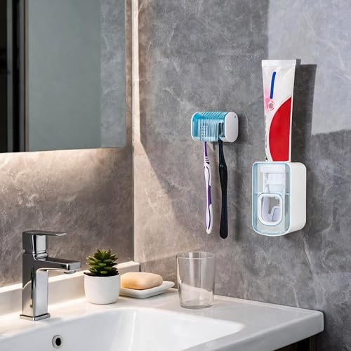 2 Slots Wall Mount Toothbrush Holder with Cover, Self Adhesive Toothbrush Storage Organizer for Shower, Toothbrush Hanger with Automatic Toothpaste Squeezer Dispenser(Blue) - Image 5
