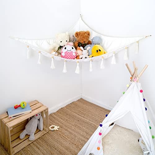 Mkono Stuffed Animal Hammock Corner Hanging Toy Organizer Storage with Tassels Plush Toys Net Holder Nursery Wall Bedroom Play Room Kid Room Decor - Image 2