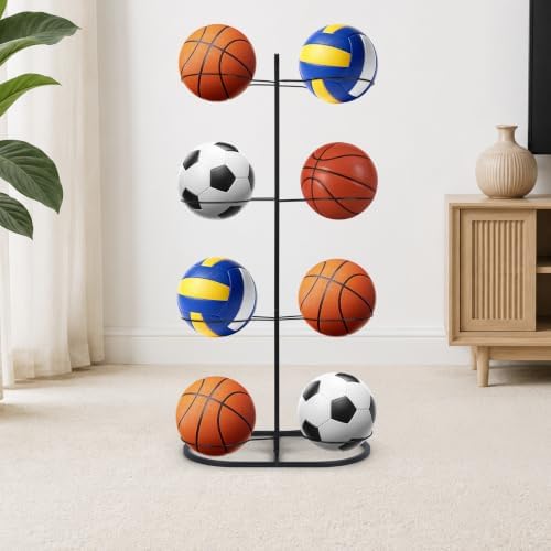 New Ball Storage Rack,Cube Ball Storage Holder，Basketball Football Holder Carbon Steel Heavy Duty Basketball Stand Painted Nail-Free Multi-Purpose Vertical Ball Rack (Double4) - Image 4