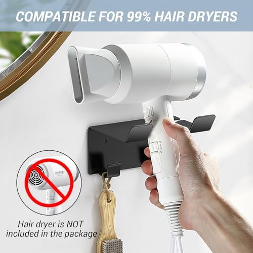 Hair Dryer Holder Wall Mount, Stainless Steel Blow Dryer Holder for Bathroom, Rustproof Hair Dryer Organizer Fits 2.3" Diameter, Easy Wall Installation (Black) - Image 3