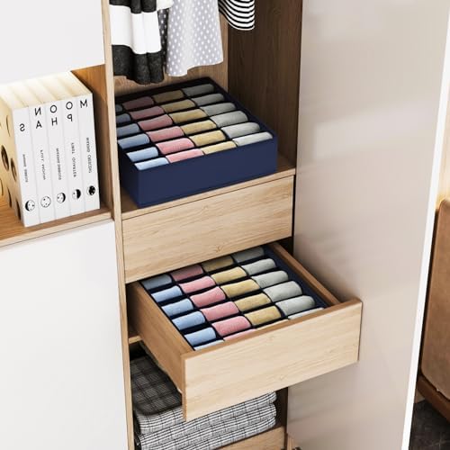 joyoldelf Sock Organizer Drawer Organizer - 2 Packs Underwear Organizer,24 Cells Collapsible Closet Organizers and Storage Sock Holders Organizers for Storing Socks, Ties, Belts(Navy Blue) - Image 6